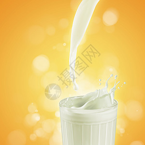 飞溅的牛奶玻璃中的新鲜牛奶奶牛营养流动奶制品早餐食物甜点乳白色奶油气泡背景