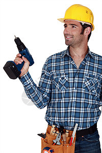 一个有钻孔的杂工贸易修理工管道电工男性电气工人建设者工具帽子图片