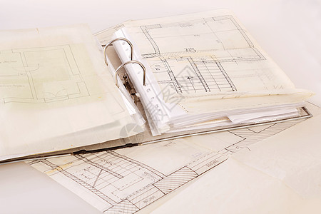 旧纸和项目档案的建筑设计图工程材料建造工具地面办公室建筑草图设计师房子文档插图图片