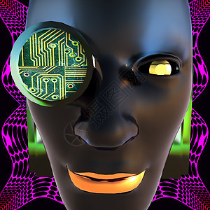 Cyborg的表情力量机器男性渲染金属控制论科幻处理器芯片电路背景图片
