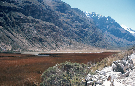 通往秘鲁河谷湖端的Alpamayo基地营地的拖车 带有Reeds图片