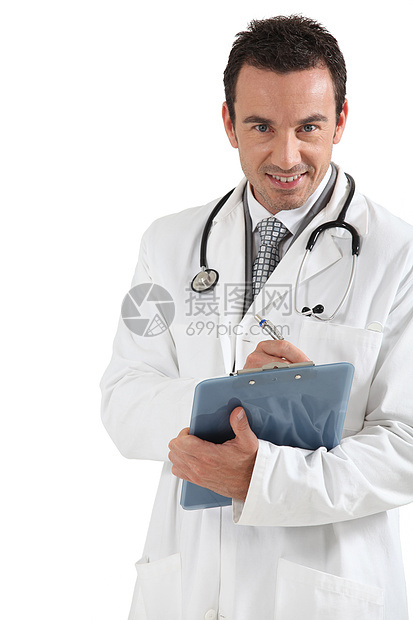 医生在剪贴板上微笑着写作医疗男人工作室全科男性诊所棕色蓝色阅读医院图片