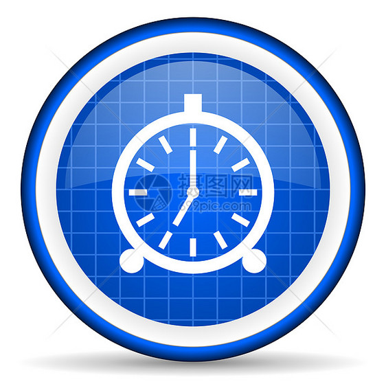 白色背景上的蓝色时钟提醒蓝色闪亮图标图片