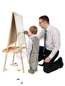 商务人士教他儿子用壁画来绘画图片