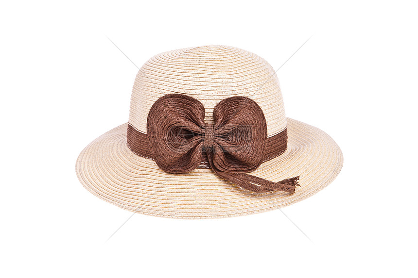白色背景的带丝带被孤立的棕色草帽帽子稻草阴影奶油女性女性化图片
