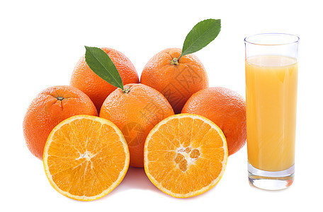 橙子和橙汁果汁玻璃工作室横截面团体水果叶子食物图片