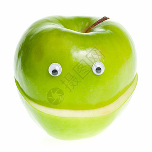 绿色苹果字符宏观浆果棕色小吃漫画水果微笑食物笑脸眼睛图片
