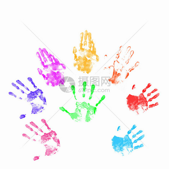 人手的彩色指纹手印身份个性创造力邮票绘画墨水工艺童年蓝色图片