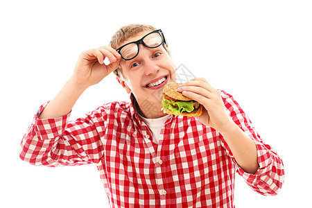 戴眼镜吃汉堡的搞笑男人小吃食物种子午餐芝麻眼镜面包衬衫美食盘子图片