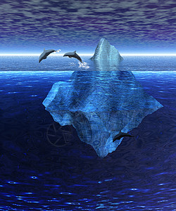 美丽的冰山在开阔大洋中与多尔芬斯海绵海景鲸鱼天空海洋日落家庭哺乳动物冷冻冰盖跳舞图片