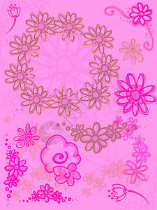 薄粉上明亮的粉色紫花墙纸滚动卷曲绘画艺术品蝴蝶框架紫色插图植物图片