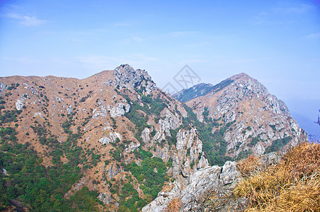 高峰的山边高地山麓场景山腰岩石木材石头山坡布雷顶峰图片