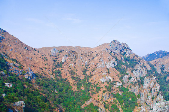 高峰的山边远景树林岩石爬坡布雷山麓首脑山坡天空木头图片