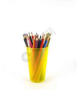黄色道具中的彩色铅笔收藏命令塑料黑色玻璃秘书宏观橙子学校工具图片