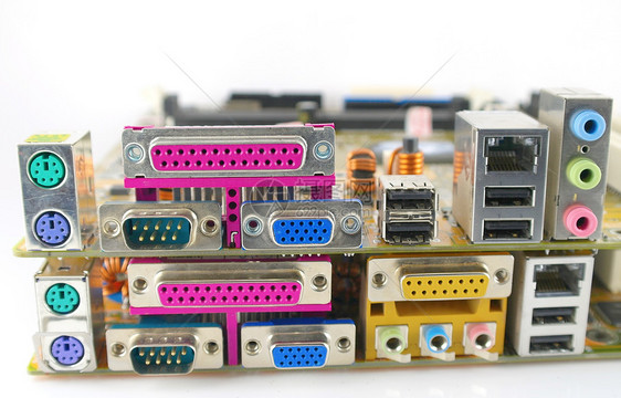 计算机主板的接口插头和口袋木板绿色技术电子产品视频桌面电路母板粉色连接器图片