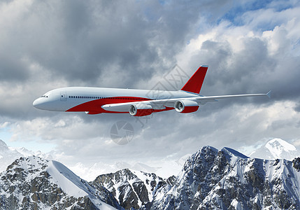 高山上空的白色客机顶峰假期晴天地形涡轮空气飞机奢华运输翅膀图片