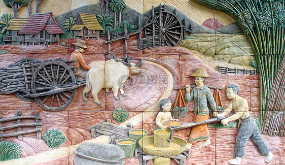 泰国寺庙墙上的泰国土著文化Thai Stucco故事框架国家石头宗教修炼者工艺农民农村雕塑图片