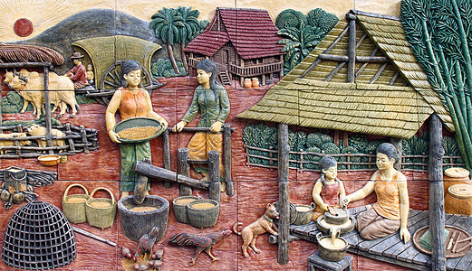 泰国寺庙墙上的泰国土著文化Thai Stucco艺术传统奶牛修炼者农村雕像绘画农民模具风格图片