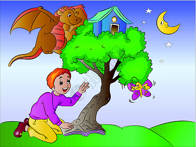 男孩的想象 插图孩子房子蝴蝶树屋艺术品兄弟月亮阅读想像力男生图片