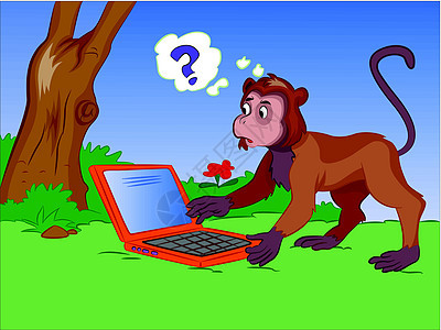 猴子使用笔记本 插图毛皮电脑艺术品好奇心动物群朋友绘画动物工具技术背景图片
