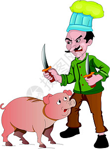 厨师用刀切猪插画食物屠夫白色绘画插图男性父亲猪肉爸爸男人图片