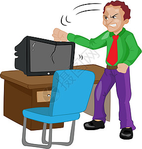 愤怒的男子在电视上敲打 插图父亲椅子绘画电脑男性休息爸爸电子桌子白色图片