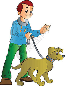 男人遛狗插画青少年犬类孩子宠物男生朋友皮带白色动物绘画图片