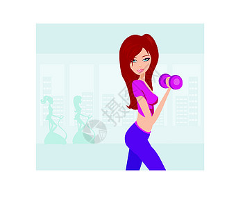 参加体操的妇女卡通片重量娱乐运动自行车哑铃闲暇肌肉健身房训练图片