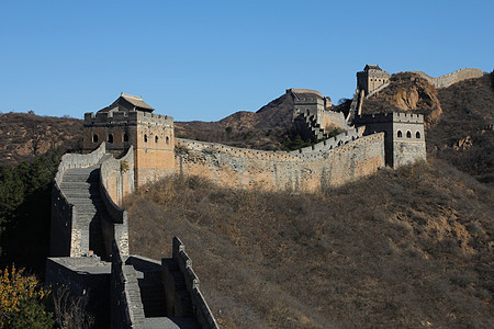 中国的长城游客石头旅游爬坡世界遗产防御地标晴天蓝色图片