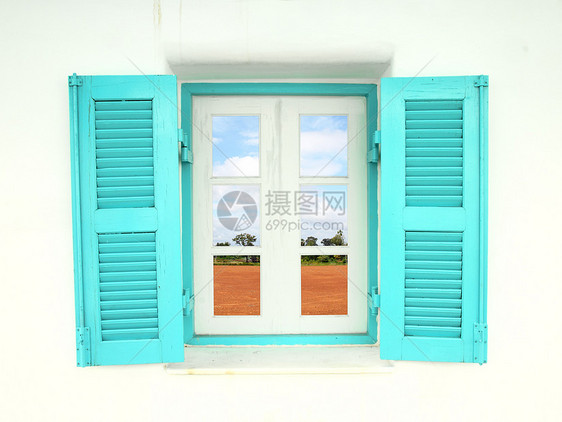 带有自然国的希腊风格窗口商业蓝色房间窗户场景场地黏土阳光建筑环境图片