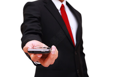 拥有智能电话的商务人士商业套装金属白色手机展示细胞触摸屏按钮半身图片