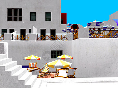 圣桑托里尼 奥亚白色露台奢华瓷砖旅馆风景甲板制品椅子旅行图片