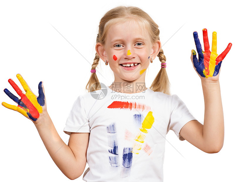 手有涂漆的女子画家手指绘画教育艺术家童年毛毡女性蓝色幸福图片