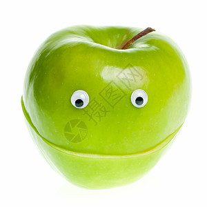 绿色苹果字符浆果微笑卡通片圆形水果漫画宏观笑脸棕色眼睛图片