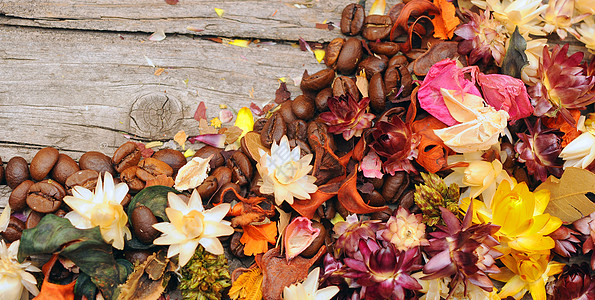 木桌上方有咖啡豆的鲜花背景图片