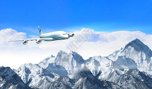 高山上空的白色客机翅膀高度旅游空气运输地平线航空阳光奢华晴天图片