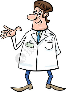 白色大衣漫画插图中的医生愈合快乐药品专家卡通片罩衫职业医院微笑儿科图片