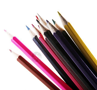 白背景上孤立的铅笔绘画乐器光谱彩虹办公室橙子素描调色板蜡笔木头图片