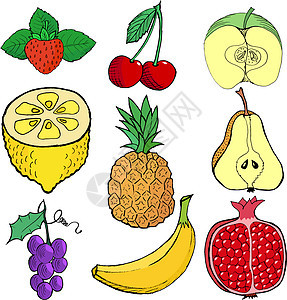 一套水果石榴农业手绘食物美食柠檬菠萝香蕉插图绿色图片