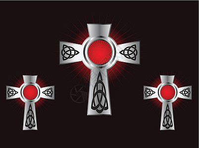 红褐色背景上三或零星的结壳银十字宗教卡片金属红色牌匾异教徒藤蔓树叶框架插图图片