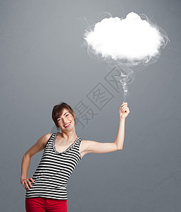 美丽的女士拿着云朵快乐气泡女性乐趣笑脸微笑庆典气球演讲玩具图片