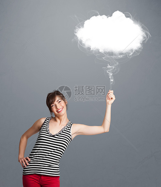 美丽的女士拿着云朵快乐气泡女性乐趣笑脸微笑庆典气球演讲玩具图片