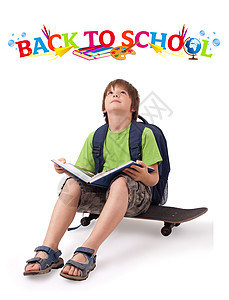 小孩在滑板上 回到学校主题 孤立于白色孩子大学知识快乐男生阅读青年瞳孔教育男性图片