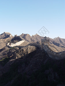 长城华表中国的长城丘陵山脉蓝色石头边界天空远足旅行背景