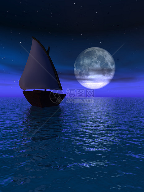 海上夜间天空射线蓝色绘画月亮插图波浪帆船高度图片