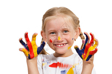 手有涂漆的女子手指活动育儿童年专注女性画家化妆品孩子蓝色图片