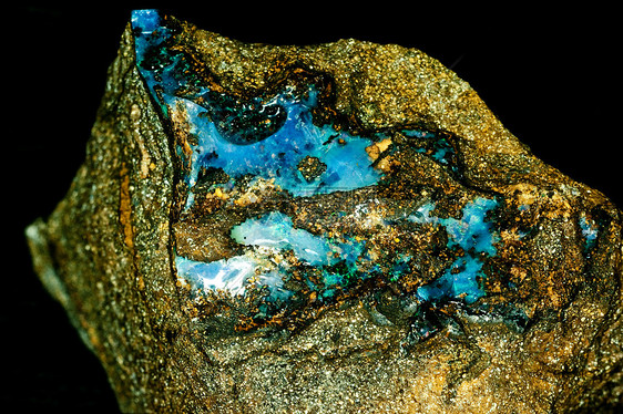 Raw Opal 挂在矩阵上 以黑色背景隔离宏观石头地质学乳光硅酸盐宝石凝胶岩石地貌矿业图片