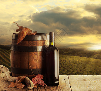 葡萄酒和葡萄园叶子酒瓶木头水平瓶子背景图片