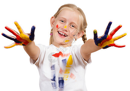 手有涂漆的女子育儿专注活动幸福化妆品绘画艺术家乐趣孩子画家图片
