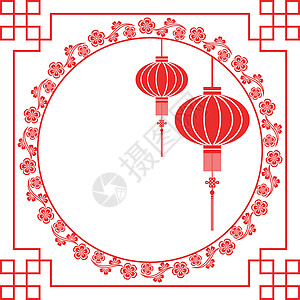 中华新年贺卡框架墙纸剪纸红色繁荣祝福庆典灯笼插图问候图片